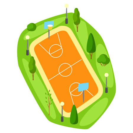 Illustration of beautiful summer or spring city park. Urban public space with basketball court and trees for walking and relaxing.のイラスト素材