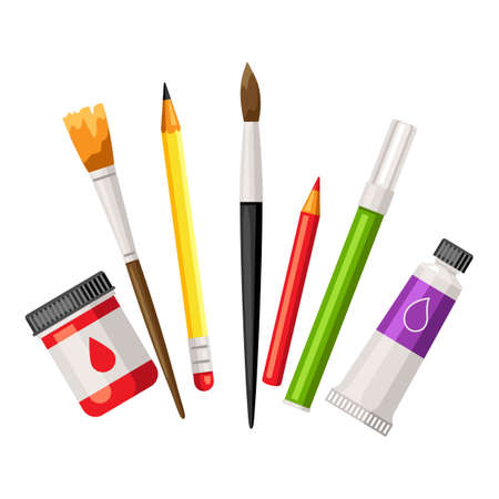 Background with painter tools and materials. Art supplies for creativity. Artistic decorative items.のイラスト素材