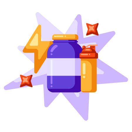 Illustration of protein can and shaker for fitness nutrition. Sport and bodybuilding items. Healthy lifestyle objects.のイラスト素材