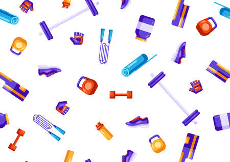 Seamless pattern with fitness equipment. Sport bodybuilding items. Healthy lifestyle background.のイラスト素材