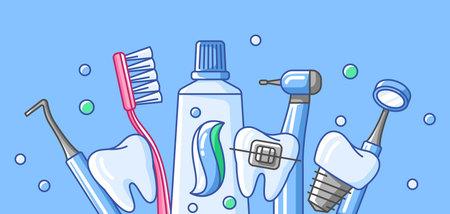 Medical card with dental equipment icons. Dentistry and health care background. Stomatology items.のイラスト素材