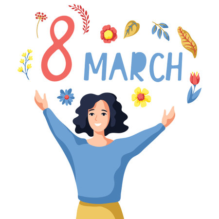 Greeting card for International Womens Day celebration. 8th March background with girl and flowers...
