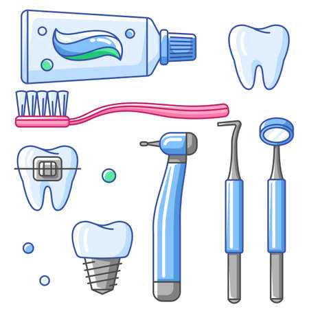 Medical dental equipment icons. Dentistry and health care set. Dentistry items.のイラスト素材
