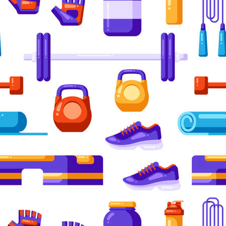 Seamless pattern with fitness equipment. Sport bodybuilding items. Healthy lifestyle background.のイラスト素材