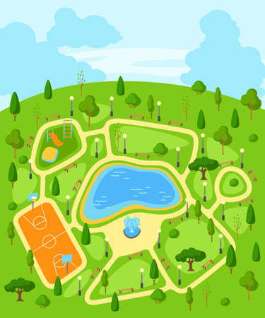 Illustration of beautiful summer or spring city park. Urban public space with lake, lawn and trees for walking and relaxing.のイラスト素材