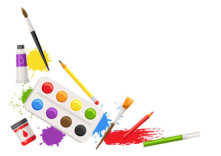 Background with painter tools and materials. Art supplies for creativity. Artistic decorative items.のイラスト素材