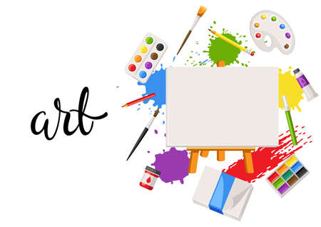 Background with painter tools and materials. Art supplies for creativity. Artistic decorative items.のイラスト素材