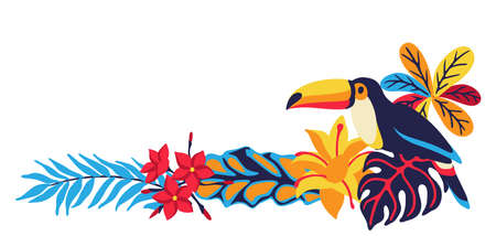 Frame with toucan and tropical plants. Exotic decorative bird, flowers anf leaves. Stylized image for design.のイラスト素材
