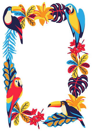 Frame with macaw parrot, toucan and tropical plants. Exotic decorative birds, flowers anf leaves. Stylized image for design.のイラスト素材