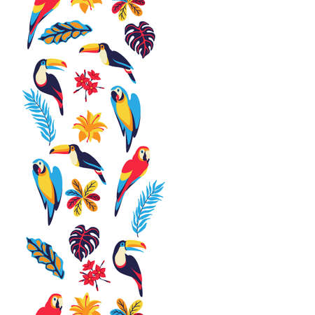 Seamless pattern with macaw parrot, toucan and tropical plants. Exotic decorative birds, flowers anf leaves. Stylized background for design.のイラスト素材
