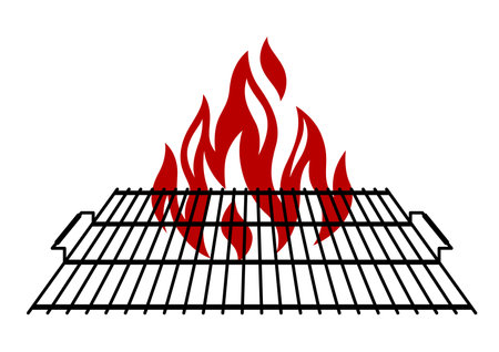 Illustration of steel grill grate with fire. Stylized bbq kitchen and restaurant utensil.のイラスト素材