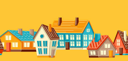 Seamless pattern with cute houses. Country colorful cottages background.のイラスト素材