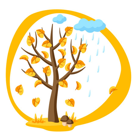 Autumn tree with falling yellow leaves. Seasonal nature illustration.のイラスト素材