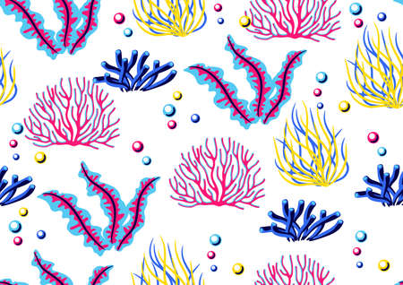 Seamless pattern with sea algae and corals. marine life aquarium and sea flora. Stylized image in bright colors.のイラスト素材