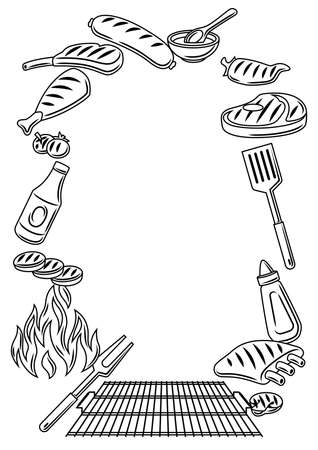Bbq frame with grill objects and icons. Stylized kitchen and restaurant menu items.のイラスト素材