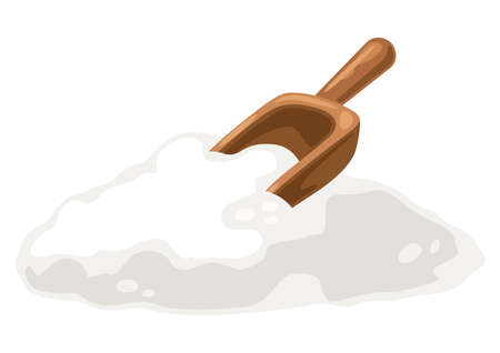 Illustration of wooden trowel and flour. Image for bakeries and groceries. Stylized icon.のイラスト素材