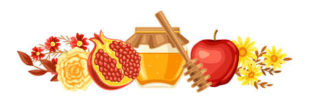Shana Tova. Rosh Hashanah greeting card. Happy Jewish New Year. Holiday background with traditional festival symbols.のイラスト素材