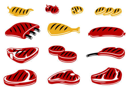 Bbq set of grill food and products. Stylized kitchen and restaurant menu items.のイラスト素材