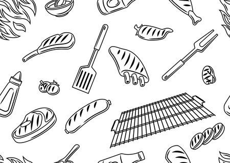 Bbq seamless pattern with grill objects and icons. Stylized kitchen and restaurant menu items.のイラスト素材