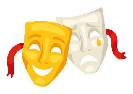 Illustration of comedy and tragedy masks. Traditional theater symbol. Image for theatrical performance.のイラスト素材