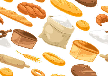 Seamless pattern with bread all for baking. Image for bakeries and groceries. Healthy traditional food.のイラスト素材