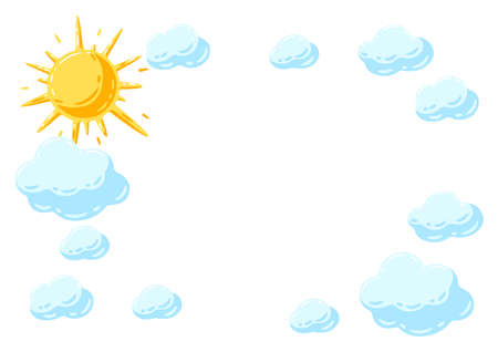 Frame with sun and clouds. Cartoon cute image of overcast sky.のイラスト素材