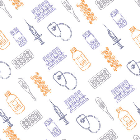Seamless pattern with medical and healthcare items. Equipment and symbols for pharmacies and hospitals.のイラスト素材