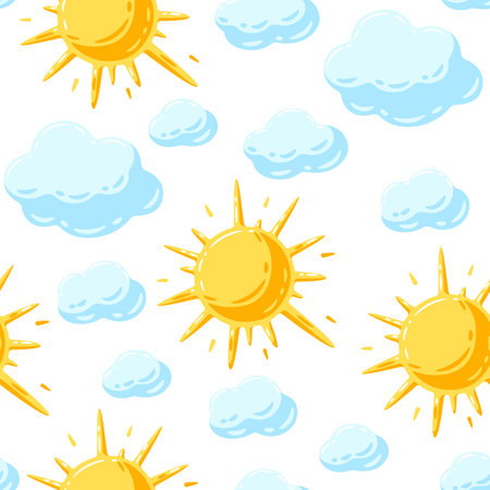 Seamless pattern with sun and clouds. Cartoon cute image of overcast sky.のイラスト素材