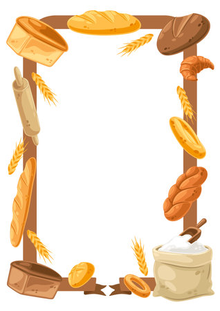 Frame with bread and all for baking. Image for bakeries and groceries. Healthy traditional food.のイラスト素材
