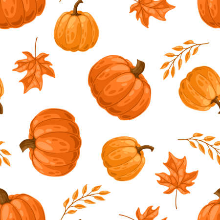 Seamless pattern with pumpkins and leaves. Decorative image of seasonal autumn vegetable and plant.のイラスト素材