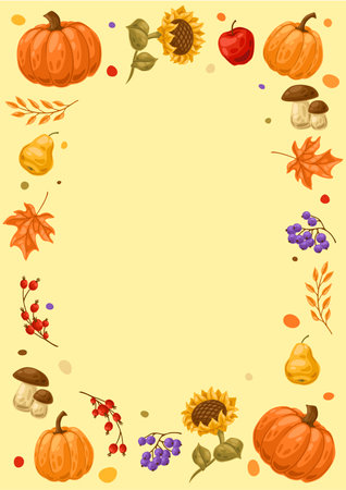 Frame with autumn plants. Harvest illustration of seasonal vegetables and leaves.のイラスト素材