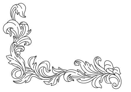 Decorative floral corner in baroque style. Engraved black curling plant. Vintage swirling frame.のイラスト素材