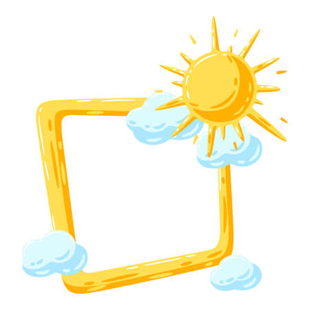 Frame with sun and clouds. Cartoon cute image of overcast sky.のイラスト素材