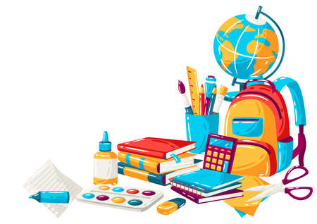School background with education items. Illustration of colorful supplies and stationery.のイラスト素材