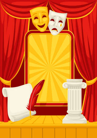 Background with curtain stage. illustration for theatrical performance. Theater interior with empty scene, drapes and decoration.のイラスト素材
