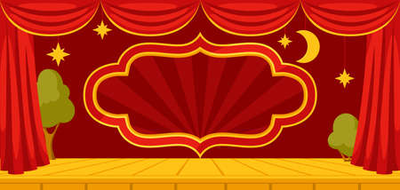 Background with curtain stage. illustration for theatrical performance. Theater interior with empty scene, drapes and decoration.のイラスト素材