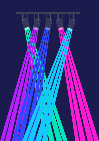Illustration of color spotlights. Image for party flyer and concert poster.のイラスト素材