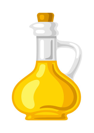 Illustration of glass bottle with sunflower oil. Image for culinary and agricultural production.のイラスト素材