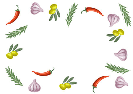 Background with rosemary and chili pepper, olive branch and garlic. Spicy seasoning for cooking.のイラスト素材