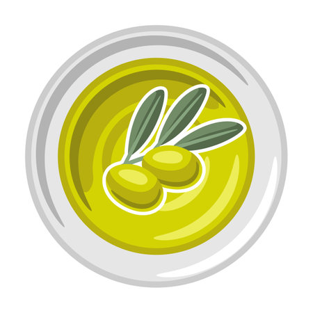 Illustration of glass bowl with olive oil. Image for culinary and agricultural production.のイラスト素材