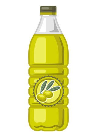 Illustration of plastic bottle with olive oil. Image for culinary and agricultural production.のイラスト素材