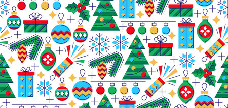 Merry Christmas and Happy New Year seamless pattern. Holiday winter seasonal objects. Celebration...