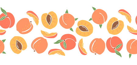 Seamless pattern with colored peaches. Decorative stylized fruits and leaves.