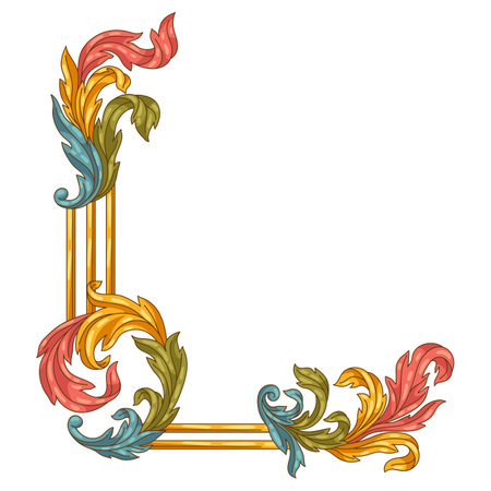 Decorative floral corner in baroque style. colorful curling plant. Vintage swirling frame.のイラスト素材