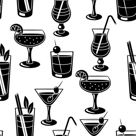 Seamless pattern with cocktails in glass. Alcoholic drink for party, bar and restaurant menu.のイラスト素材