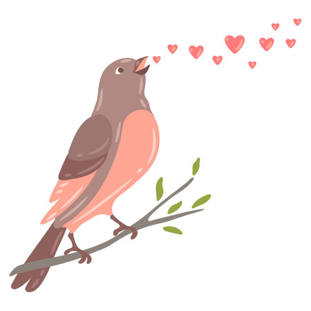 Illustration of cute bird singing and sitting on branch. Image of stylized birdie in simple style.のイラスト素材