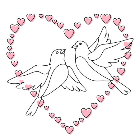 Illustration of cute flying birds and hearts. Image of stylized birdies in simple style.のイラスト素材