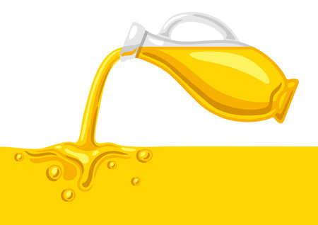 Illustration of glass bottle with pouring sunflower oil. Image for culinary and agricultural production.のイラスト素材
