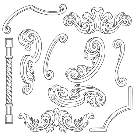 Decorative set of floral elements in baroque style. Engraved black curling plant. Vintage swirling motif.のイラスト素材