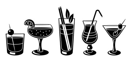 Set of cocktails in glass. Alcoholic drink for party, bar and restaurant menu.のイラスト素材